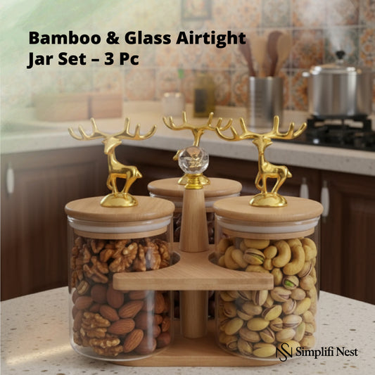 Bamboo & Glass Airtight Jar Set – 3 Pc