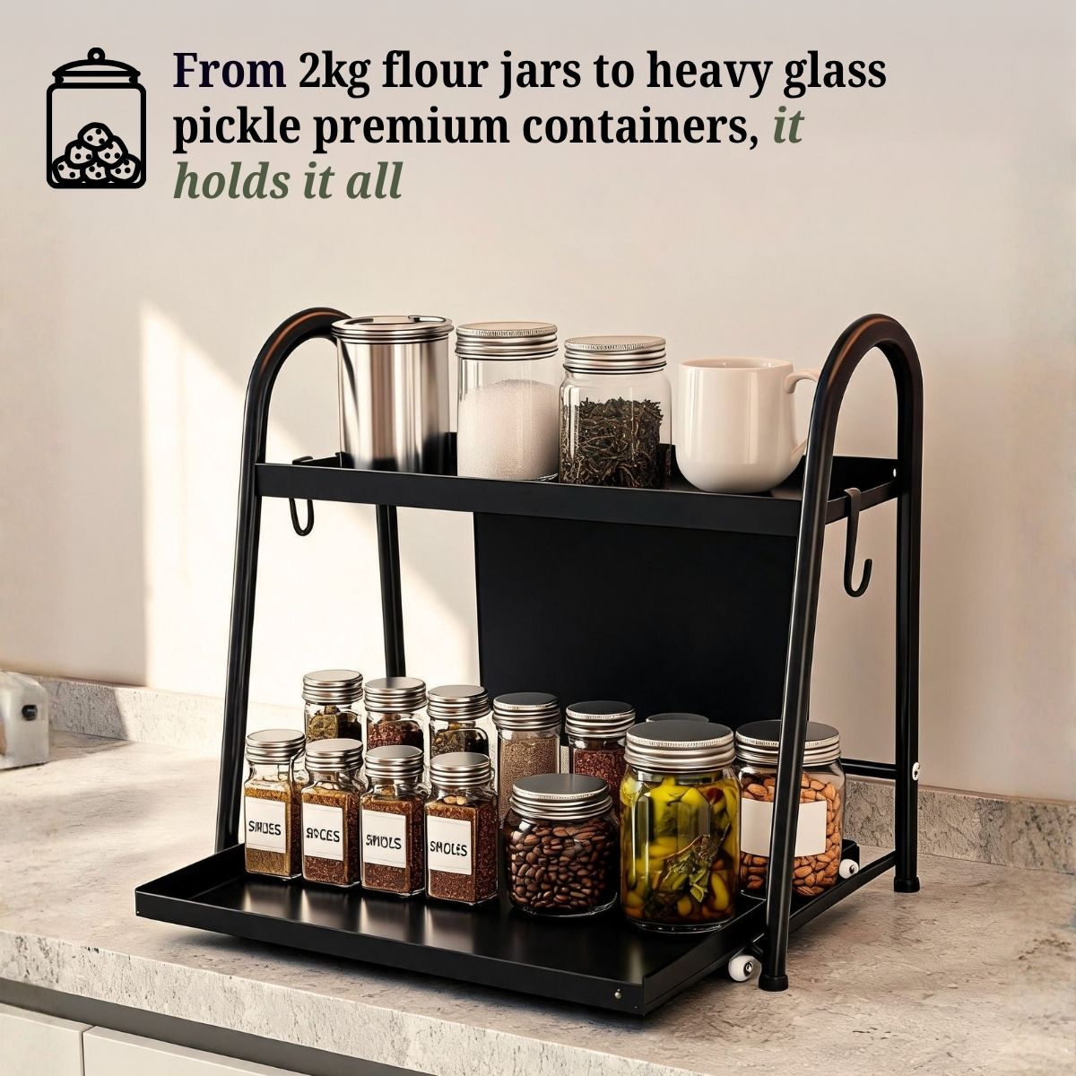 2-Tier Sliding Pull-Out Kitchen Storage Rack | Stainless Steel | Spices, Jars & Masala Organizer