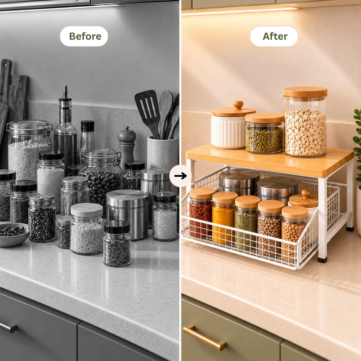 Premium Pine Wood Countertop Storage Organizer with Sliding Basket