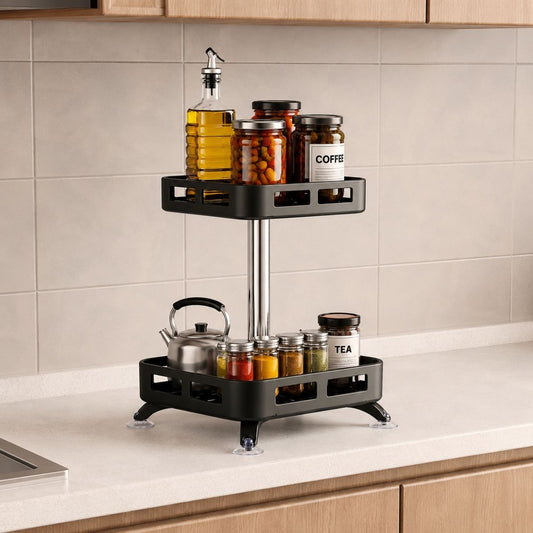 2-Tier Rectangular 360° Rotating Kitchen Rack | Stainless Steel | Spices, Jars & Masala Organizer