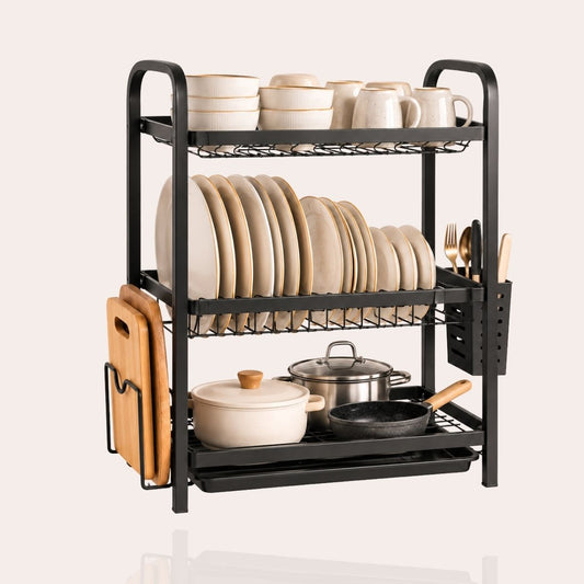 3-Tier Steel Dish Rack with Drip Tray - Black Matte | For Indian Kitchen Countertops