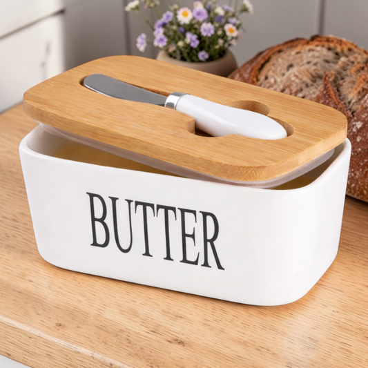 Ceramic Butter Keeper with Bamboo Lid & Knife