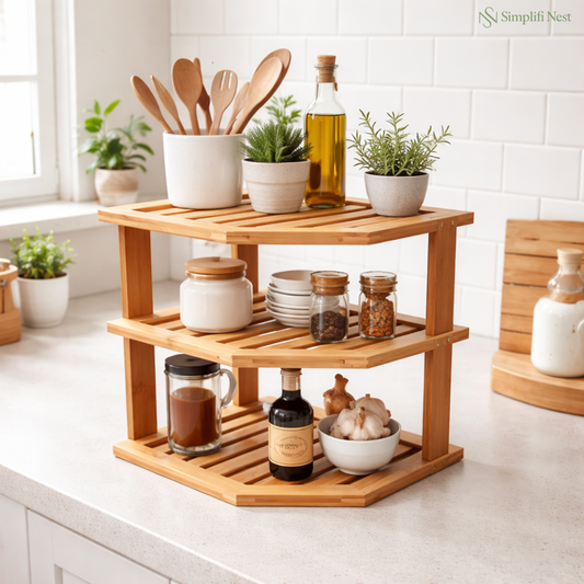 Bamboo 3-Tier Corner Organizer Rack for Indian Kitchen – Natural Finish L-Shaped Countertop Shelf – SimplifiNest