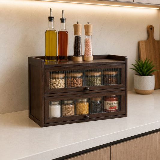 3-Tier Bamboo Cabinet with Fluted Doors | Fits Under Wall Units | Spice & Cutlery Storage