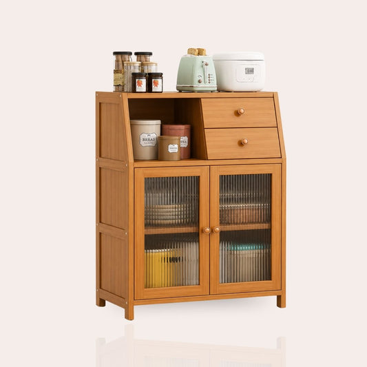 Bamboo Kitchen Sideboard & Floor Cabinet | Dual Drawers + Appliance Station | Fluted Glass-Style Doors