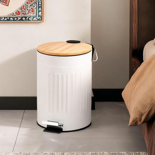 Metal Dustbin with Foot Pedal & Removable Bucket | Rust-Free Steel & Bamboo | 5L
