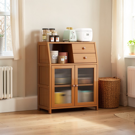 Bamboo Kitchen Sideboard Floor Cabinet with Dual Drawers Fluted Glass-Style Doors – SimplifiNest India 94cm