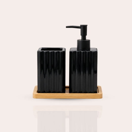 Ceramic Bathroom Set with Dispenser & Bamboo Tray