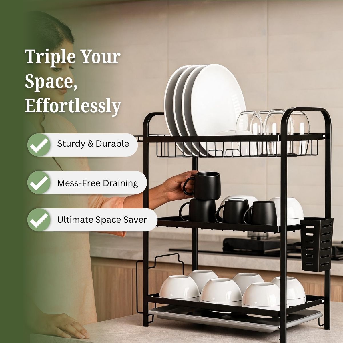 3-Tier Steel Dish Rack with Drip Tray - Black Matte | For Indian Kitchen Countertops