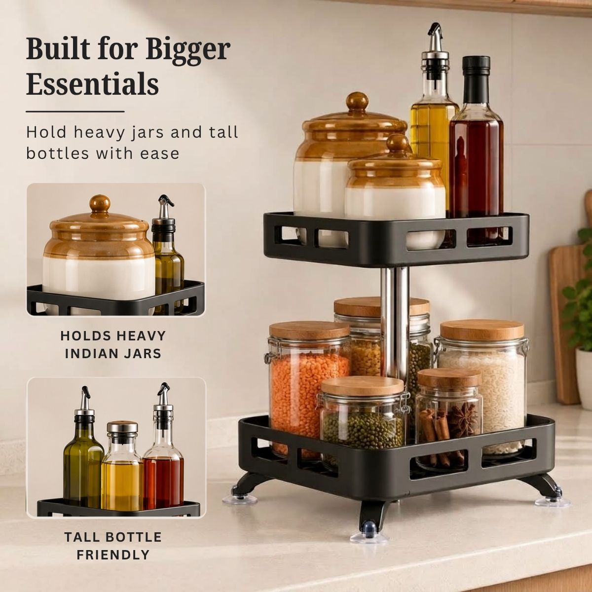 2-Tier Rectangular 360° Rotating Kitchen Rack | Stainless Steel | Spices, Jars & Masala Organizer