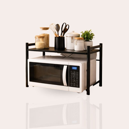 Metal Microwave Stand with Overhead Shelf & Hooks | Black Matte