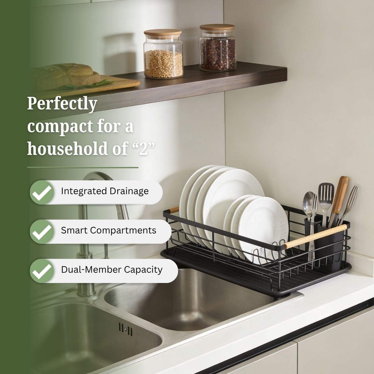 Black Steel Dish Drying Rack with Bamboo Handle