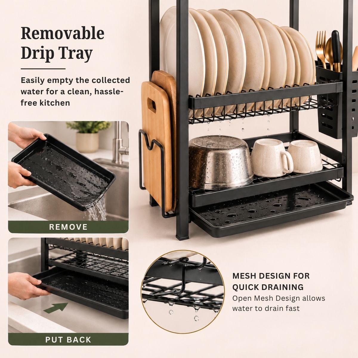3-Tier Steel Dish Rack with Drip Tray - Black Matte | For Indian Kitchen Countertops