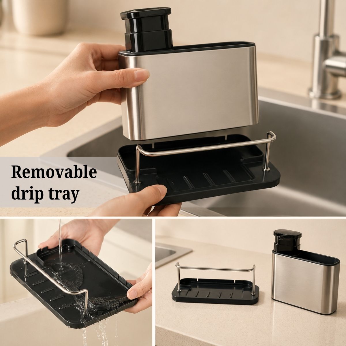 Dish Soap Dispenser with Sponge Holder & Tray