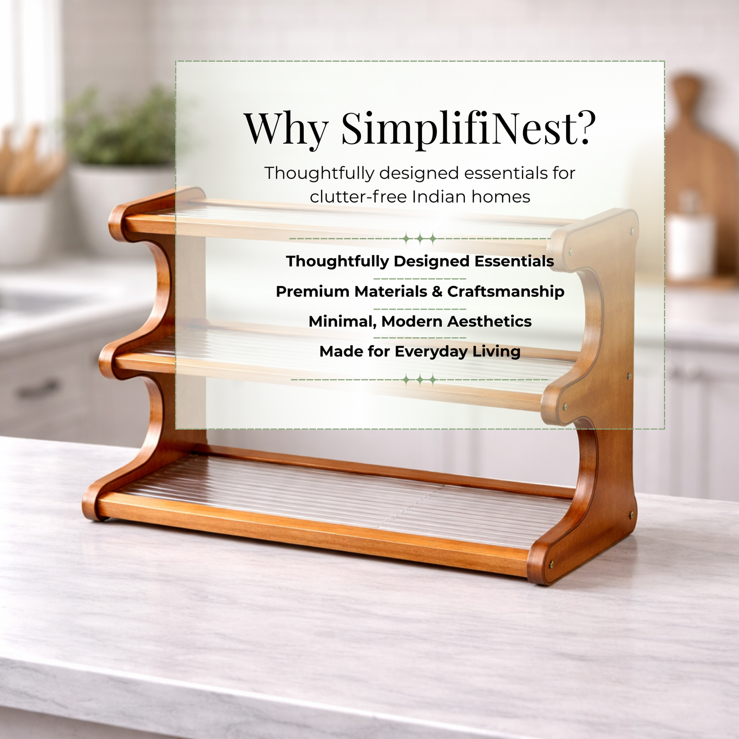SimplifiNest Bamboo Countertop Organiser in Indian Kitchen – Styled 3-Tier Rack with Panels