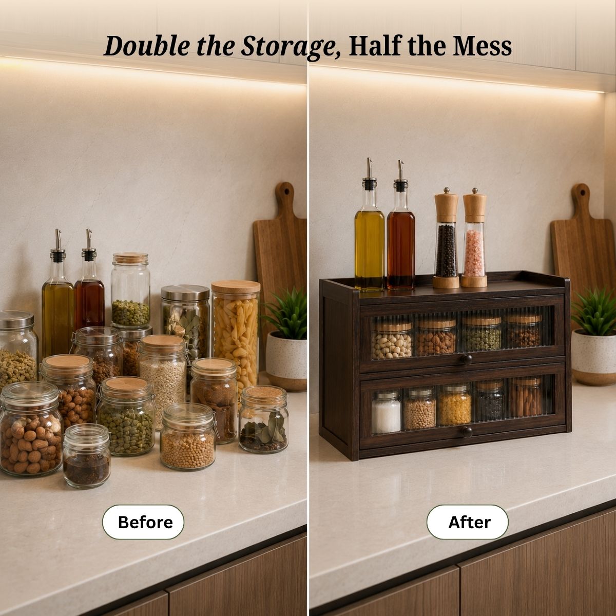Bamboo Cabinet with Fluted Doors | Fits Under Wall Units | Spice & Cutlery Storage