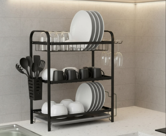 3-Tier Steel Dish Rack with Drip Tray - Black Matte | For Indian Kitchen Countertops