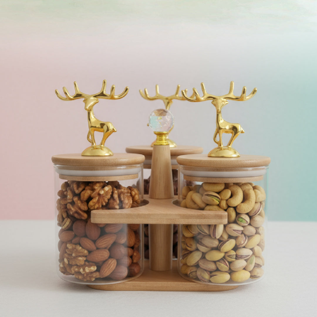 Bamboo & Glass Airtight Jar Set – 3 Pc