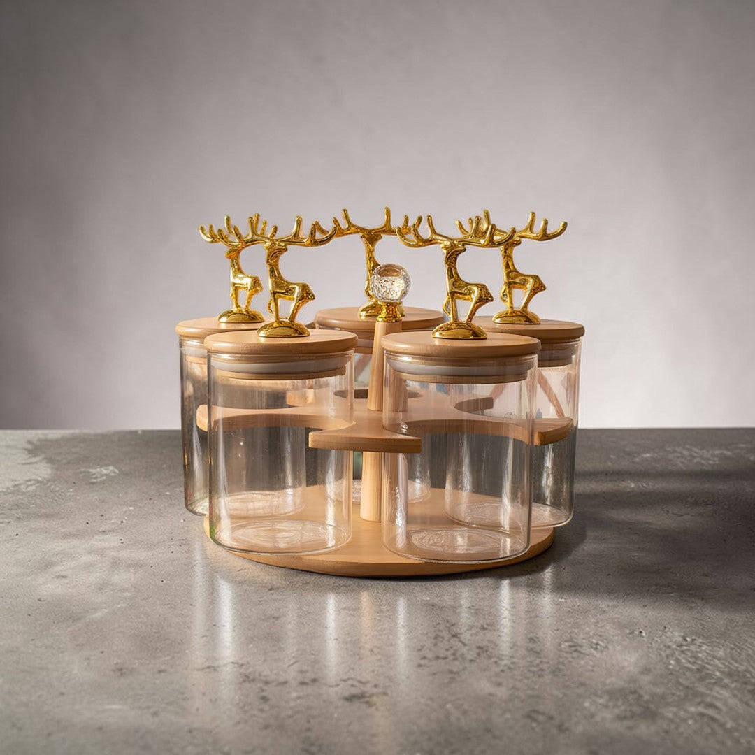 Rotating Bamboo & Glass Jar Set – 5 Pc
