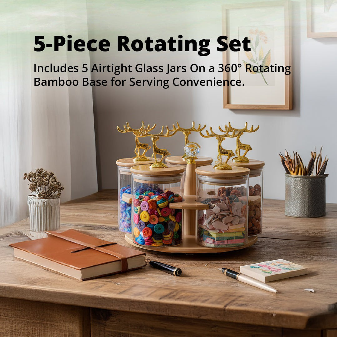 Rotating Bamboo & Glass Jar Set – 5 Pc