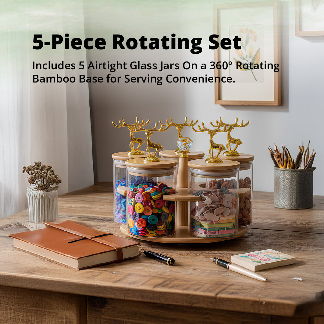 Rotating Bamboo & Glass Jar Set – 5 Pc