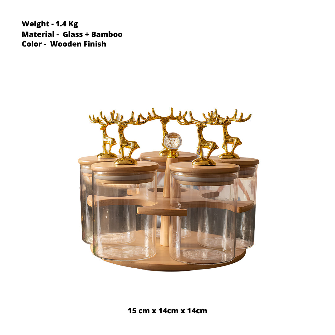 Rotating Bamboo & Glass Jar Set – 5 Pc