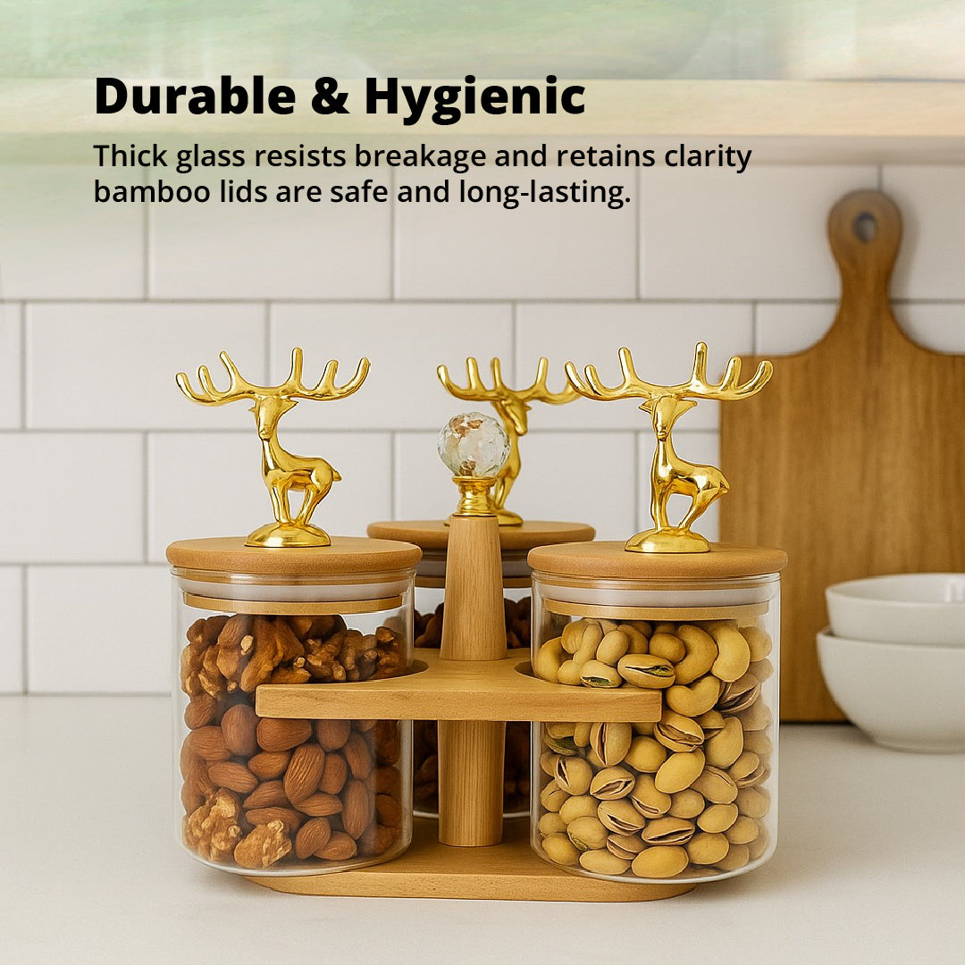 Bamboo & Glass Airtight Jar Set – 3 Pc