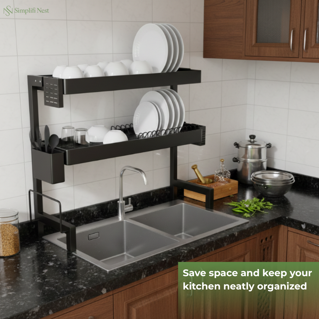 Stainless Steel Dish Rack Knife Holder Chopping Board Slot – SimplifiNest Over Sink India Kitchen