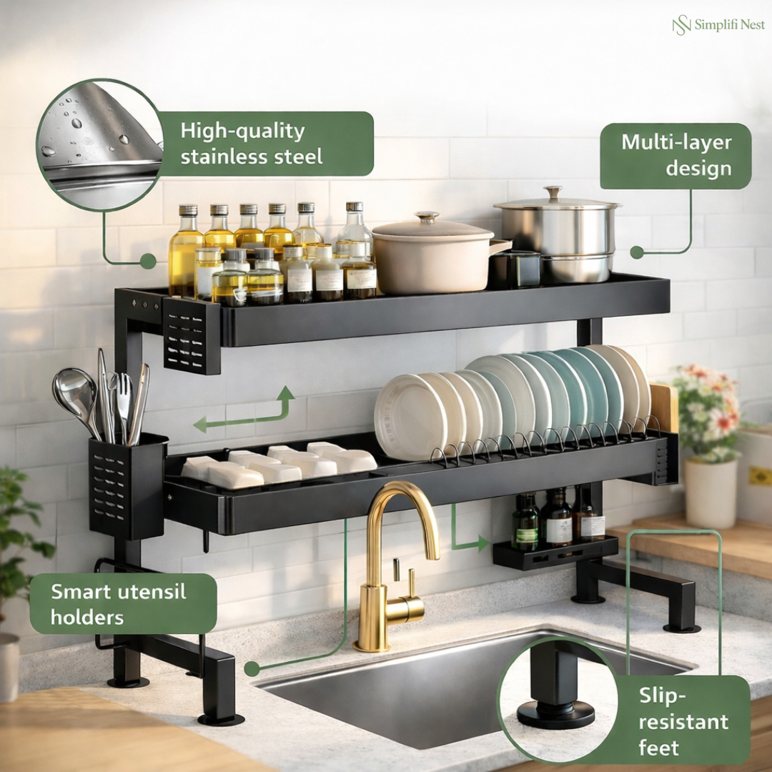 SimplifiNest Over Sink Dish Rack India – Knife Slot Bowl Rack Cutlery Holder Space Saver 85cm