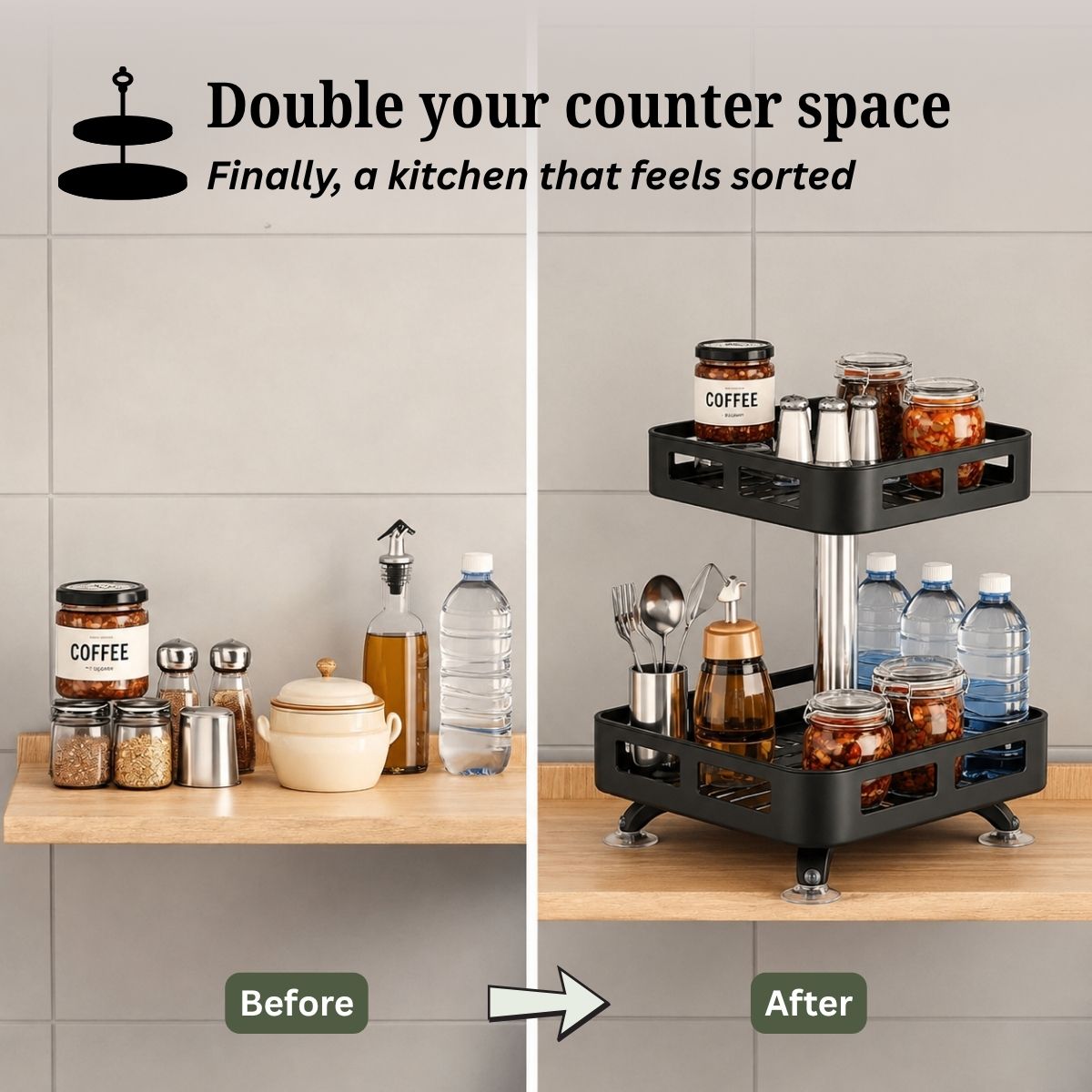 2-Tier Rectangular 360° Rotating Kitchen Rack | Stainless Steel | Spices, Jars & Masala Organizer