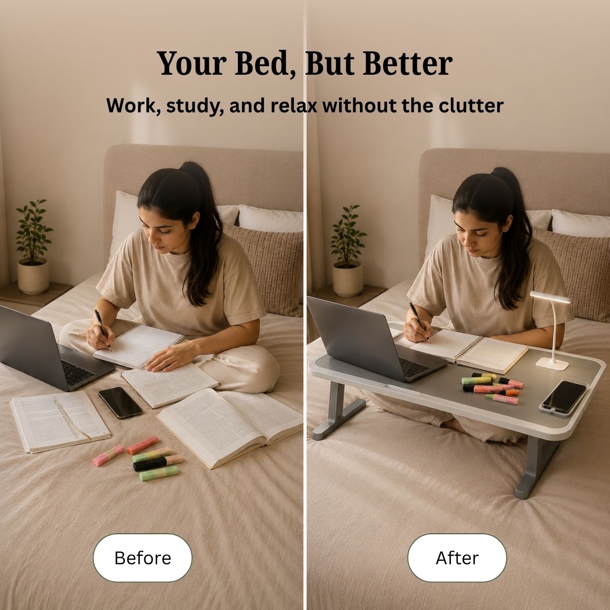 Portable Laptop Bed Station with LED Lamp & Charging