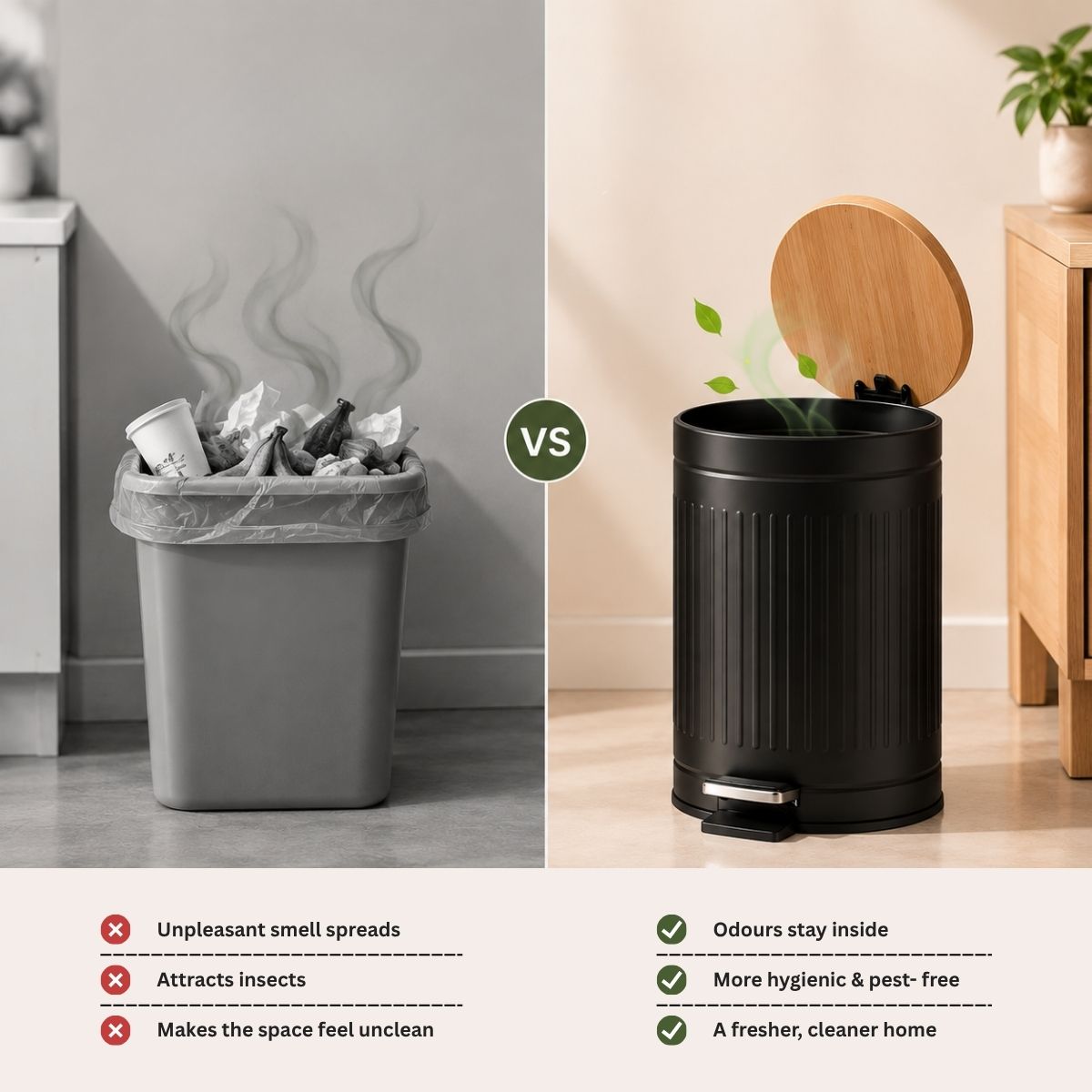 Metal Dustbin with Foot Pedal & Removable Bucket | Rust-Free Steel & Bamboo | 5L
