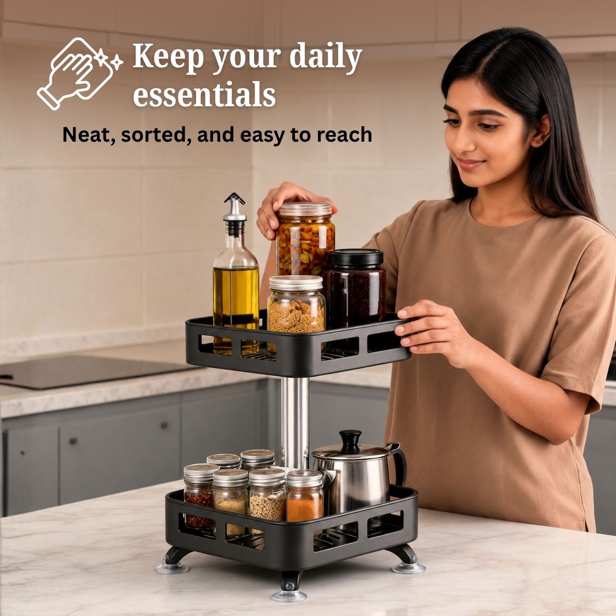 2-Tier Rectangular 360° Rotating Kitchen Rack | Stainless Steel | Spices, Jars & Masala Organizer