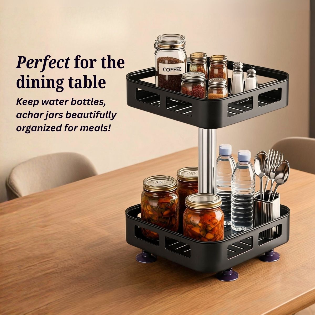 2-Tier Rectangular 360° Rotating Kitchen Rack | Stainless Steel | Spices, Jars & Masala Organizer