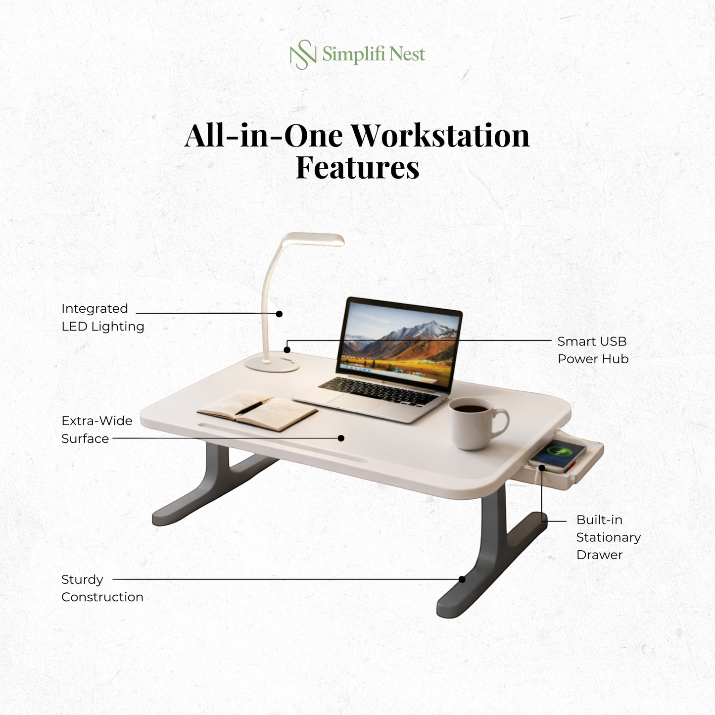 Portable Laptop Bed Station with LED Lamp & Charging