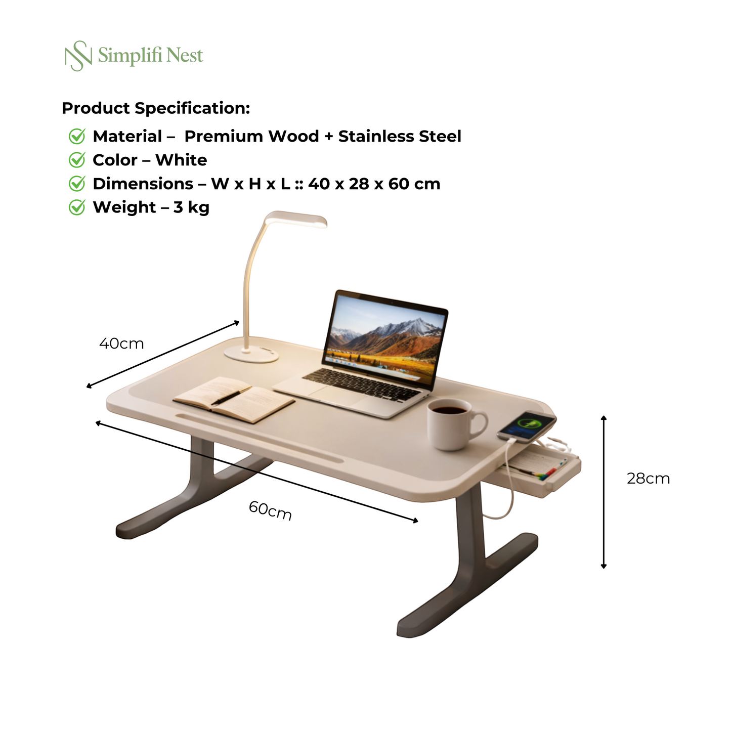 Portable Laptop Bed Station with LED Lamp & Charging