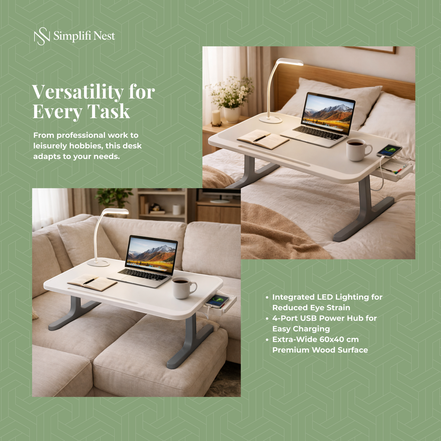 Portable Laptop Bed Station with LED Lamp & Charging