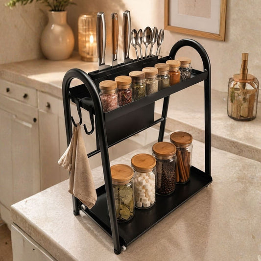 2-Tier Sliding Pull-Out Kitchen Storage Rack | Stainless Steel | Spices, Jars & Masala Organizer