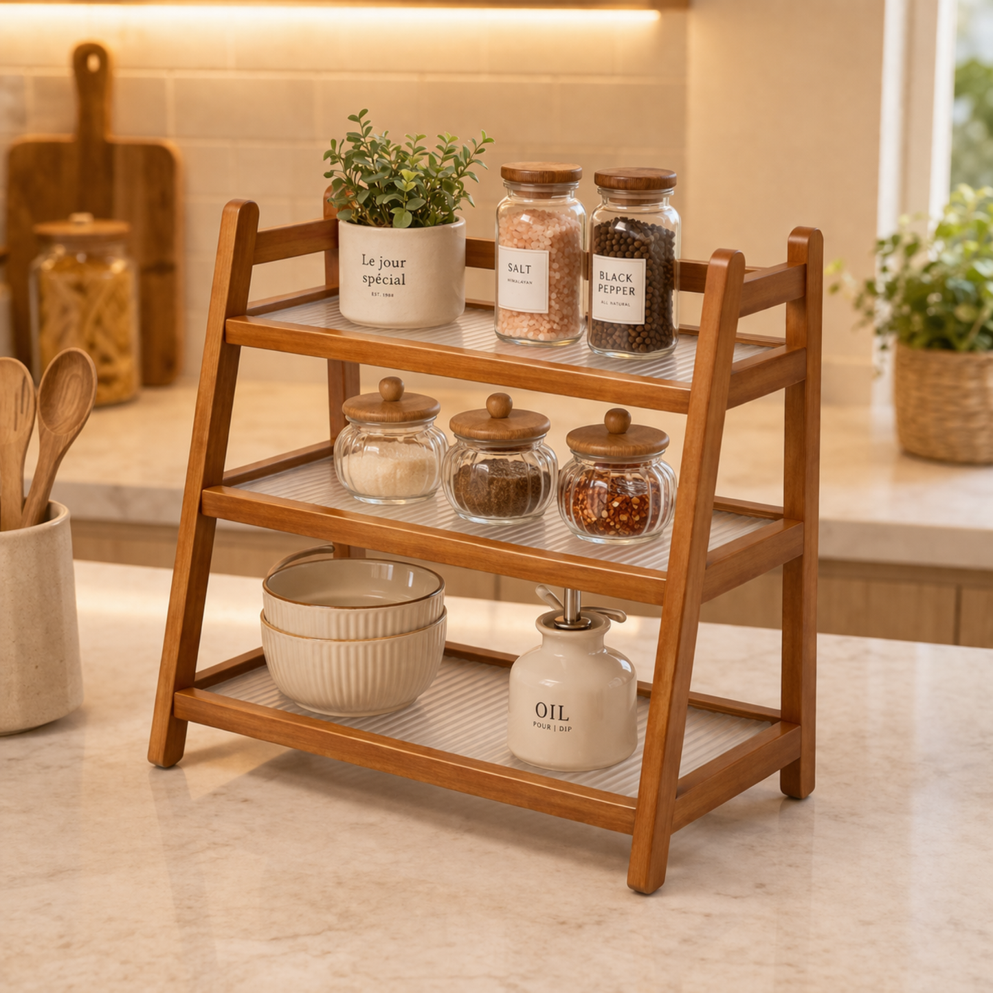 Modern Bamboo 3-Tier Countertop Organizer Rack | Fluted Fibre Glass Shelves