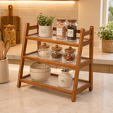 Modern Bamboo 3-Tier Countertop Organizer Rack | Fluted Fibre Glass Shelves
