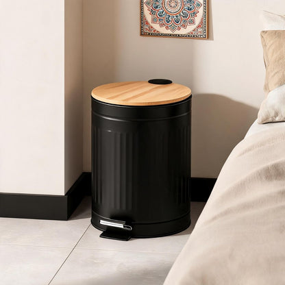 Metal Dustbin with Foot Pedal & Removable Bucket | Rust-Free Steel & Bamboo | 5L