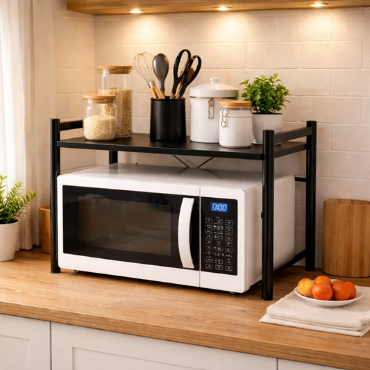 Metal Microwave Stand with Overhead Shelf and Hooks Black Matte – SimplifiNest India