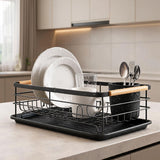 Black Steel Dish Drying Rack with Bamboo Handle