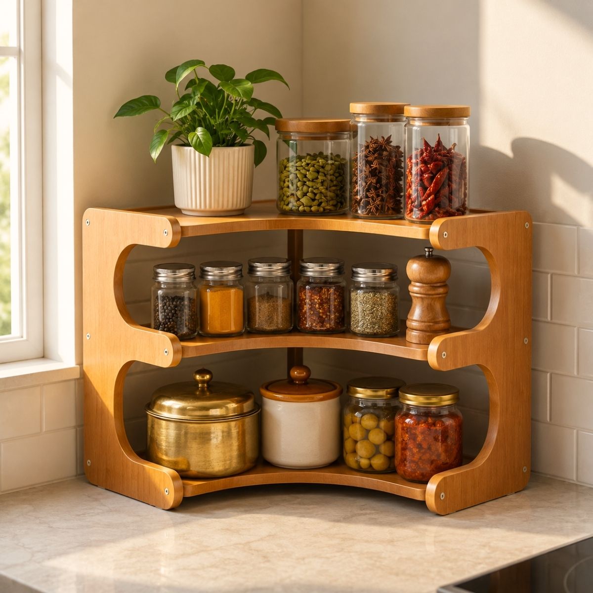 Bamboo L-shape corner kitchen rack, 3-tier, fitted into kitchen counter corner