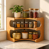 Bamboo L-shape corner kitchen rack, 3-tier, fitted into kitchen counter corner