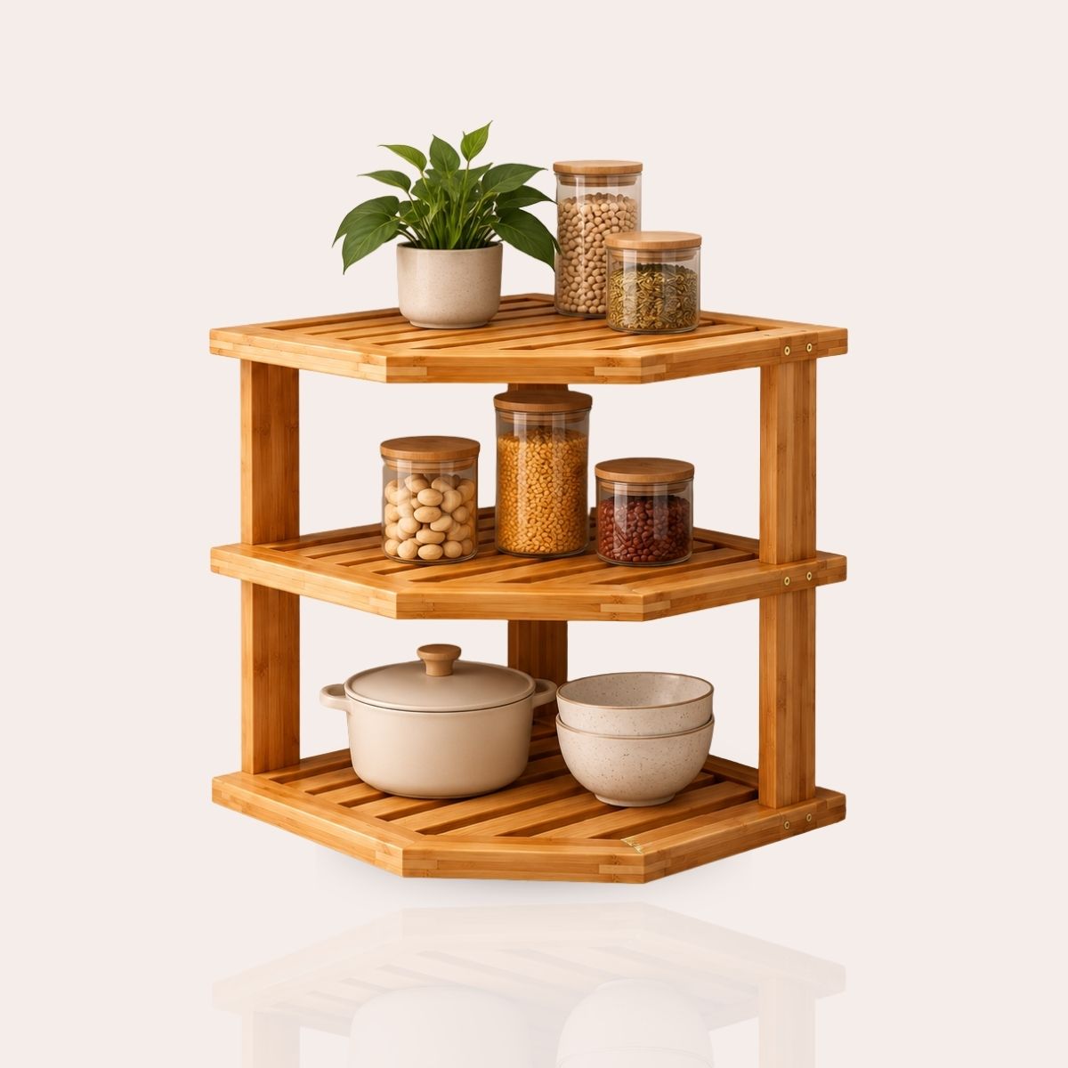 Bamboo 3-Tier Corner Rack (L-Shape) | Countertop Spice & Masala Dabba Organizer
