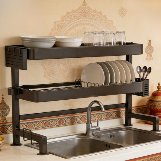 Stainless Steel Over-the-Sink Dish Rack & Bartan Stand | 65cm & 85cm | Multi-Compartment