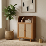 Bamboo Floor Storage Cabinet with Fluted Glass Doors Multi-Tier Open Shelves SimplifiNest India