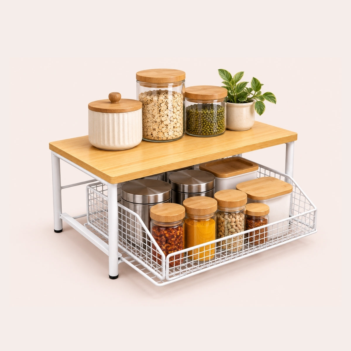 Premium Pine Wood Countertop Storage Organizer with Sliding Basket