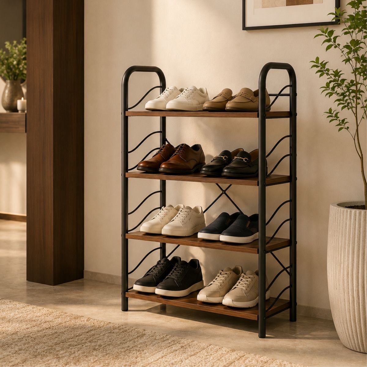 4-Tier Shoe Rack with Open Shelves | Wood & Metal Storage Organizer